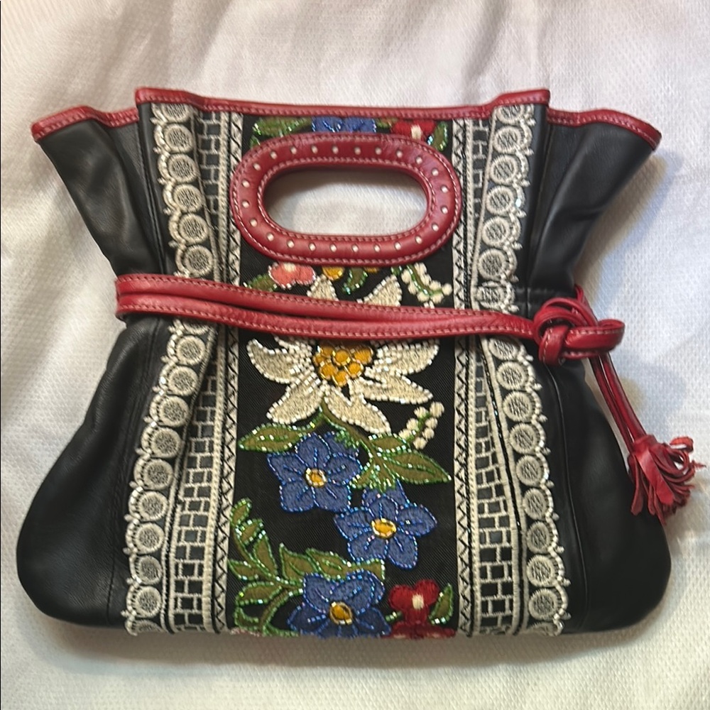 Isabella Fiore Black and Red Clutch with Bold Floral Design